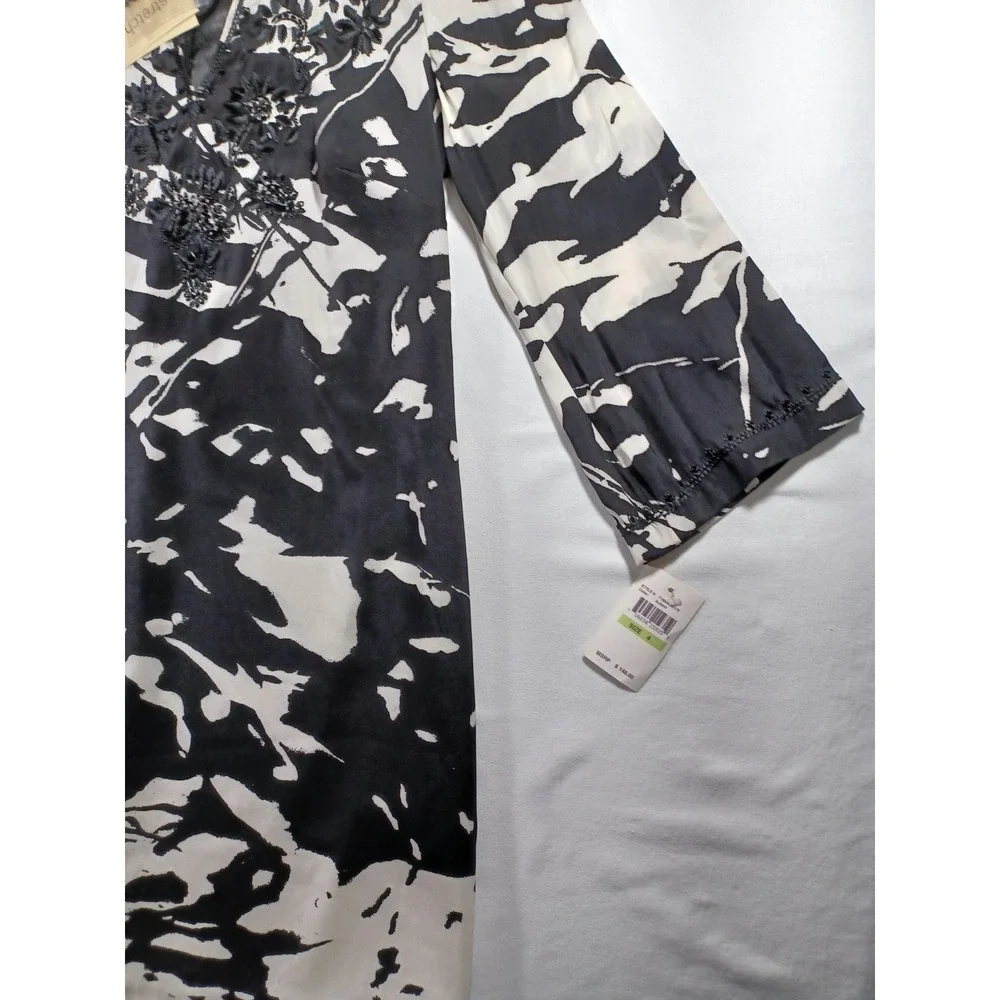 ECI New York Black White Abstract Print Beaded Neckline Long Sleeve Dress Size 4